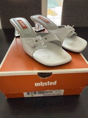 Unlisted Silver Slide Sandal with Clear Block Heel and Buckle Detail